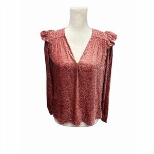 Tanya Taylor Blouse Rose Pink V-Neck Ruffle Shoulder Long Sleeve Oversized XS